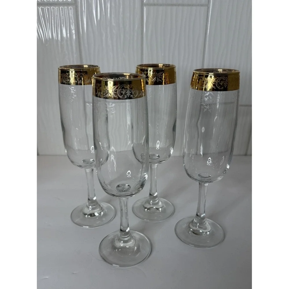 VTG Cellini Italian Crystal Champagne Flutes Wine Glass Gold Rim Set 4 Org Box
